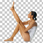 Stretching, skincare and woman with legs for beauty isolated on a png background in studio. Spa health, dermatology and cosmetics model with hair removal for body, body health and luxury care for skin