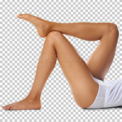 Buy stock photo Legs, body care and transparent with a model woman isolated on a PNG background for beauty or hair removal. Wellness, laser and skincare with a female posing for natural treatment or cosmetics