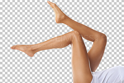 Buy stock photo Legs, epilation and transparent with a model woman isolated on a PNG background for beauty or hair removal. Wellness, laser and body care with a female posing for skincare, treatment or cosmetics