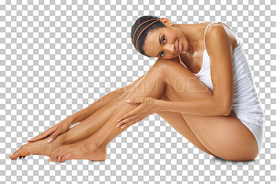 Buy stock photo Portrait, happy and legs of woman, skincare and dermatology of laser hair removal. Natural beauty, female and smile for epilation results, aesthetic salon and isolated on a transparent png background