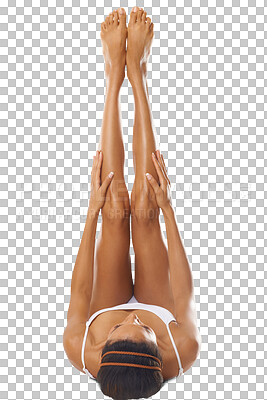 Buy stock photo Top view, beauty and legs of woman for wellness, smooth texture and laser hair removal. Natural skincare, female or epilation cosmetics of aesthetic dermatology isolated on transparent png background