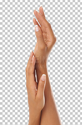 Buy stock photo Manicure, hands and nails of woman for beauty, skincare and isolated on a transparent png background. Closeup female, model and hand cosmetics for healthy dermatology, aesthetic wellness and fingers 