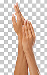 Beauty manicure, cosmetics and hands of a woman isolated on a png background in studio. Skincare, dermatology treatment and zoom on model nails for cosmetics, wellness and feminine cosmetic skin care
