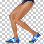 Woman skin, legs and sneakers for fitness, runner with exercise and running against isolated on a png background. Cardio, health and wellness with shoes for run, active female athlete with sports motivation