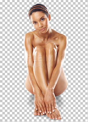 Buy stock photo Legs skincare, portrait and woman isolated on a transparent, png background for pedicure, manicure and hair removal results. Beauty of biracial person or model on floor with body care for dermatology