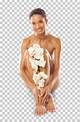 Buy stock photo Skincare, portrait and woman with orchid flowers for dermatology, natural wellness or aesthetic. Beauty, happy female and plants on legs, floral cosmetics and isolated on a transparent png background