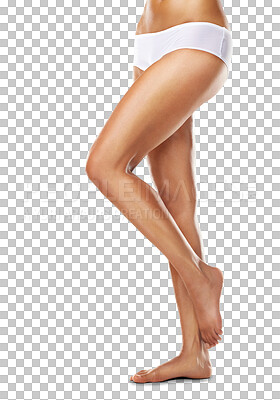 Buy stock photo Legs, epilation and PNG with a model woman isolated on a transparent background for skincare, beauty or hair removal. Wellness, laser and body care with a female posing for treatment or cosmetics