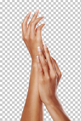 Buy stock photo Woman, palm and manicure hands for skincare, beauty salon and fingers isolated on a transparent png background. Female, hand model and cosmetics of healthy nails, dermatology and aesthetic wellness 