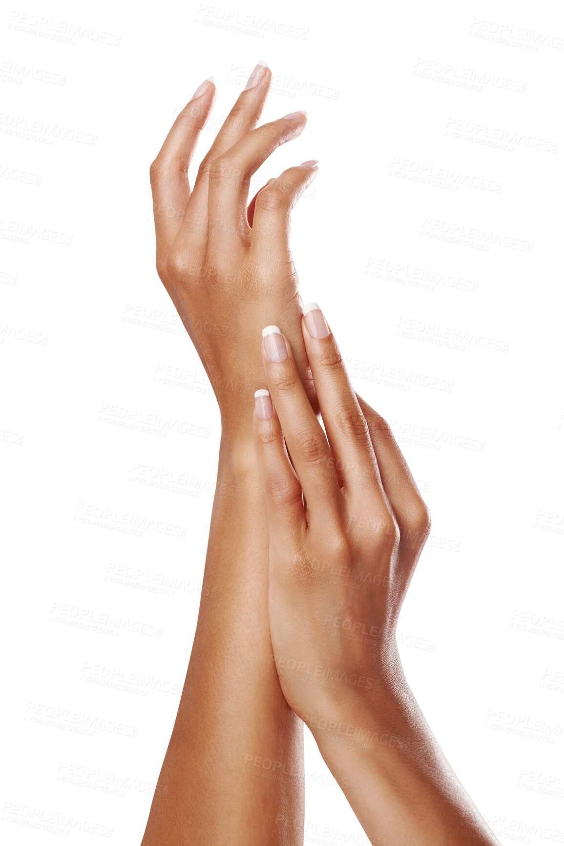 Buy stock photo Woman, palm and manicure hands for skincare, beauty salon and fingers isolated on a transparent png background. Female, hand model and cosmetics of healthy nails, dermatology and aesthetic wellness 