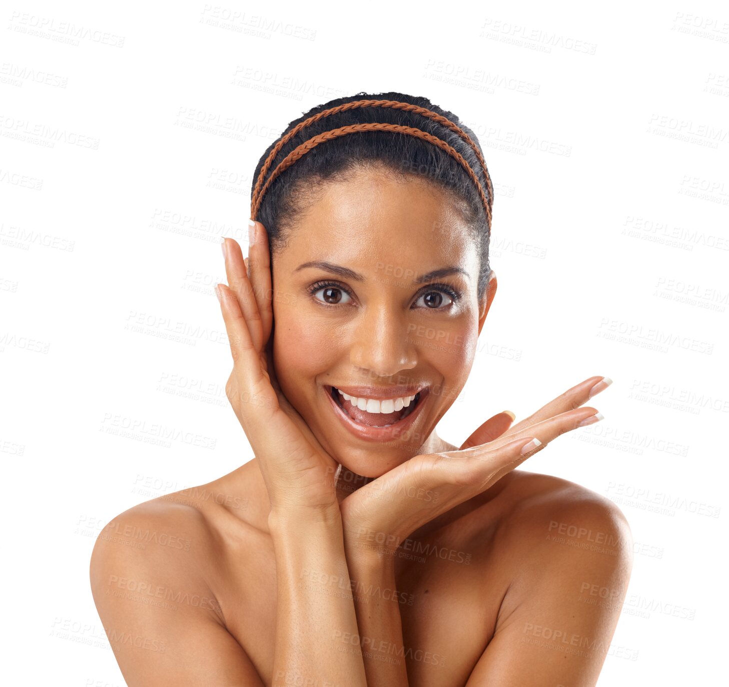 Buy stock photo Happy woman, natural beauty and portrait of skincare isolated on transparent png background. Excited female, dermatology and touch face for healthy aesthetic glow, shine or smile of cosmetic wellness