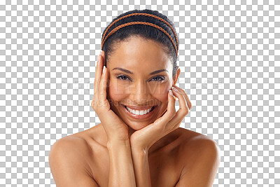 Buy stock photo Happy woman, natural beauty and portrait of skincare isolated on transparent png background. Facial, dermatology and female touch face for healthy aesthetic glow, shine or smile for cosmetic wellness