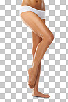Beauty, skincare and legs of woman in studio for wellness, body care or grooming mockup. Dermatology cosmetics, underwear and feet of beautiful female model after shave isolated on a png background