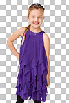 Portrait, dress and young girl with smile, fashion and kid. Female child, fancy clothing and confident with happiness, comfortable outfit and youth on backdrop isolated on a png background