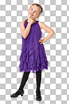 Think, girl and dancer kid with fashion planning an idea with full body. Cute, sweet and happy kid with youth, children trendy clothes and alone to plan ideas with mockup isolated on a png background