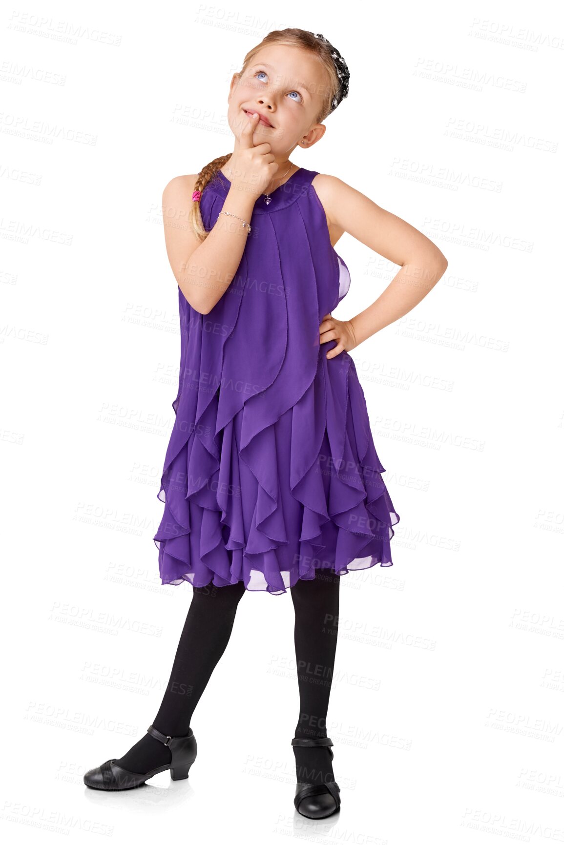 Buy stock photo Thinking, idea and child in studio for fashion, cool and trendy on isolated transparent png background. Kids, contemplating and girl with emoji, expression and decision, choice and fashionable