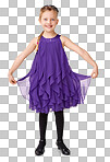 Ballroom dance, ballet and portrait of little girl dancer, kindergarten child in pretty dress. Art, small folk dancing and happiness, student training in dance studio with curtsy isolated on a png background