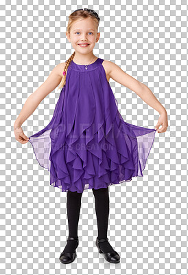 Buy stock photo Ballroom dance, ballet and portrait of little girl dancer, kindergarten child in kids dress. Art, curtsy dancing and happiness with student with a smile isolated on a transparent, png background