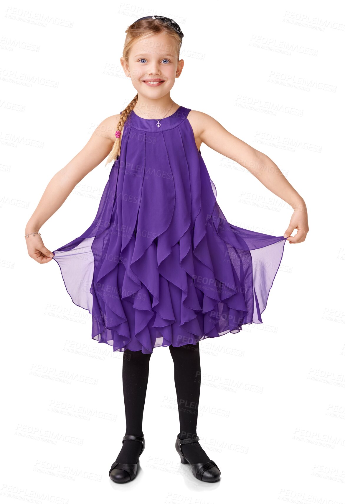 Buy stock photo Ballroom dance, ballet and portrait of little girl dancer, kindergarten child in kids dress. Art, curtsy dancing and happiness with student with a smile isolated on a transparent, png background