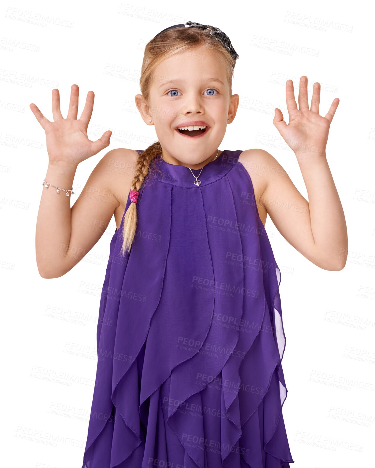 Buy stock photo Wow, portrait and child in studio shocked on isolated transparent png background. Hands, face and girl surprised, happy and excited, emoji and open mouth with good news, sale or fashion discount