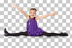 Dance, talent and splits with portrait of girl for flexibility, fashion and celebration. Happy, party and contemporary with isolated child dancing for health, smile and fitness in isolated on a png background