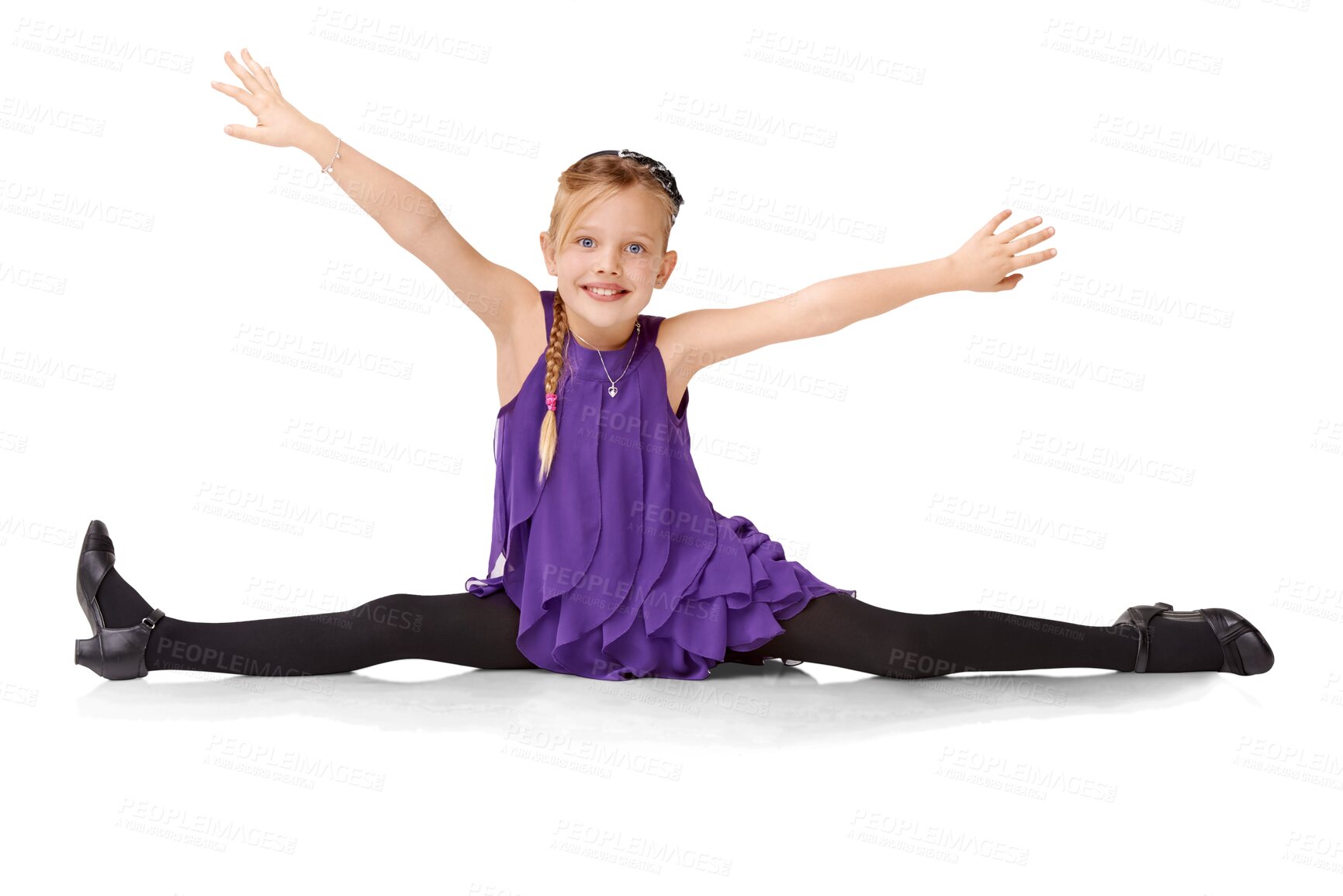 Buy stock photo Dance, split and wow with portrait of child on png background for flexibility, stretching and ballet. Happy, contemporary and creative with girl isolated on transparent for smile, energy and fitness