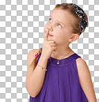 Thinking, girl and child with fashion planning an idea. Cute, sweet and happy kid with youth, children trendy clothes and alone to think and plan ideas with mockup isolated on a png background