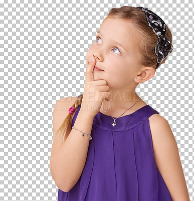 Buy stock photo Thinking, child and idea in studio for fashion, cool and trendy on isolated transparent png background. Kids, contemplating and girl with expression and decision, choice and fashionable