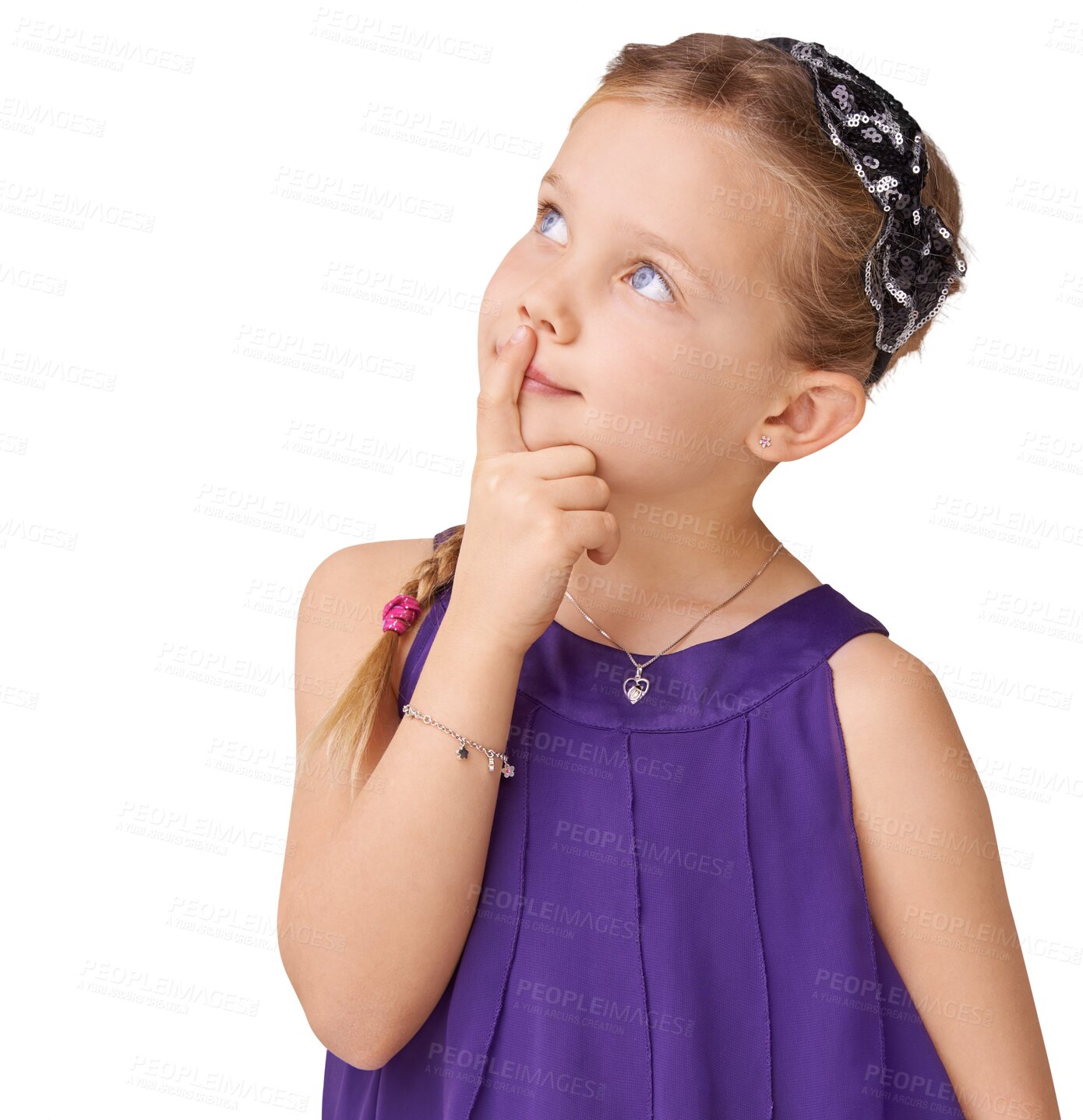 Buy stock photo Thinking, child and idea in studio for fashion, cool and trendy on isolated transparent png background. Kids, contemplating and girl with expression and decision, choice and fashionable