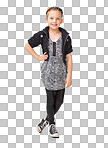 Fashion, smile and portrait of a girl in clothing. Stylish, happy and confident child model with trendy, cool and edgy clothes on a isolated on a png background