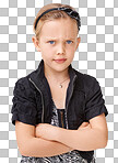 Portrait, angry and children with an unhappy girl standing arms crossed. Kids, attitude and frown with a female child looking moody, annoyed or frustarted isolated on a png background