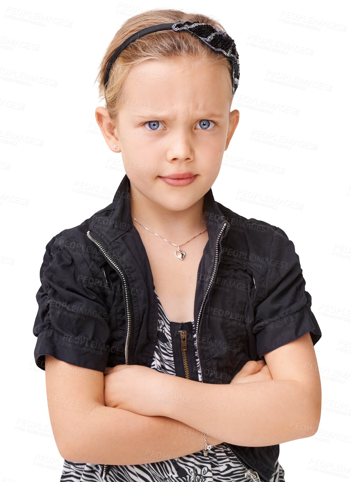 Buy stock photo Angry, portrait and child with arms crossed in studio unhappy on isolated transparent png background. Face, frown and girl mean, upset and annoyed with bad attitude, anger and grumpy or tantrum