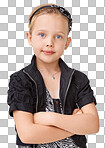 Arms crossed, confident and portrait of a girl with style. Stylish, fashionable and child fashion model with pride, confidence and happiness on a isolated on a png background