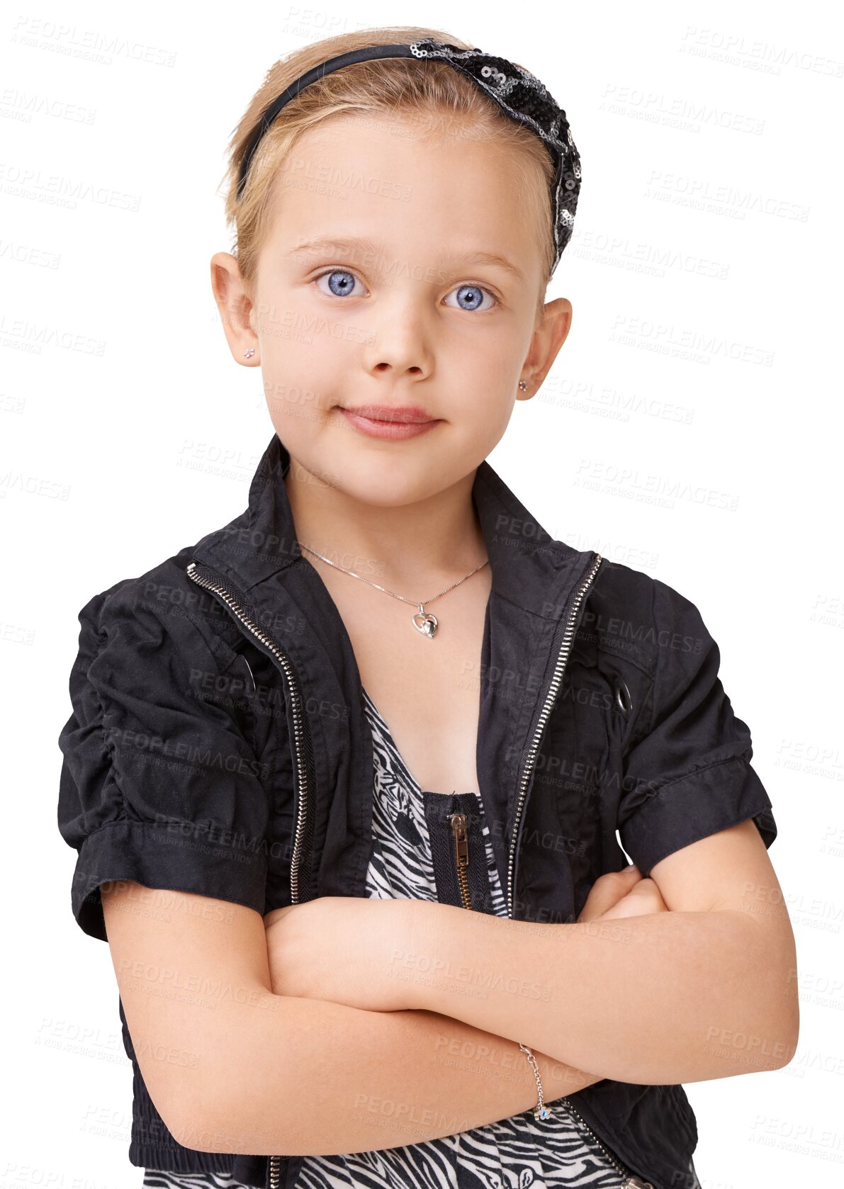 Buy stock photo Arms crossed, fashion and portrait of child png background for confident, happiness and punk. Cute, elegant and glamour with young girl isolated on transparent for edgy, cool and trendy style