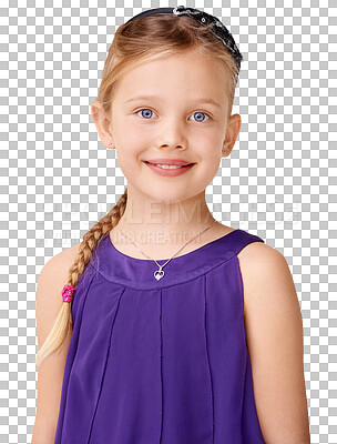 Buy stock photo Portrait, fashion and young girl closeup with smile, style and kid clothing with happiness. Female child, funky clothes and confident with youth and smiling isolated on a transparent, png background