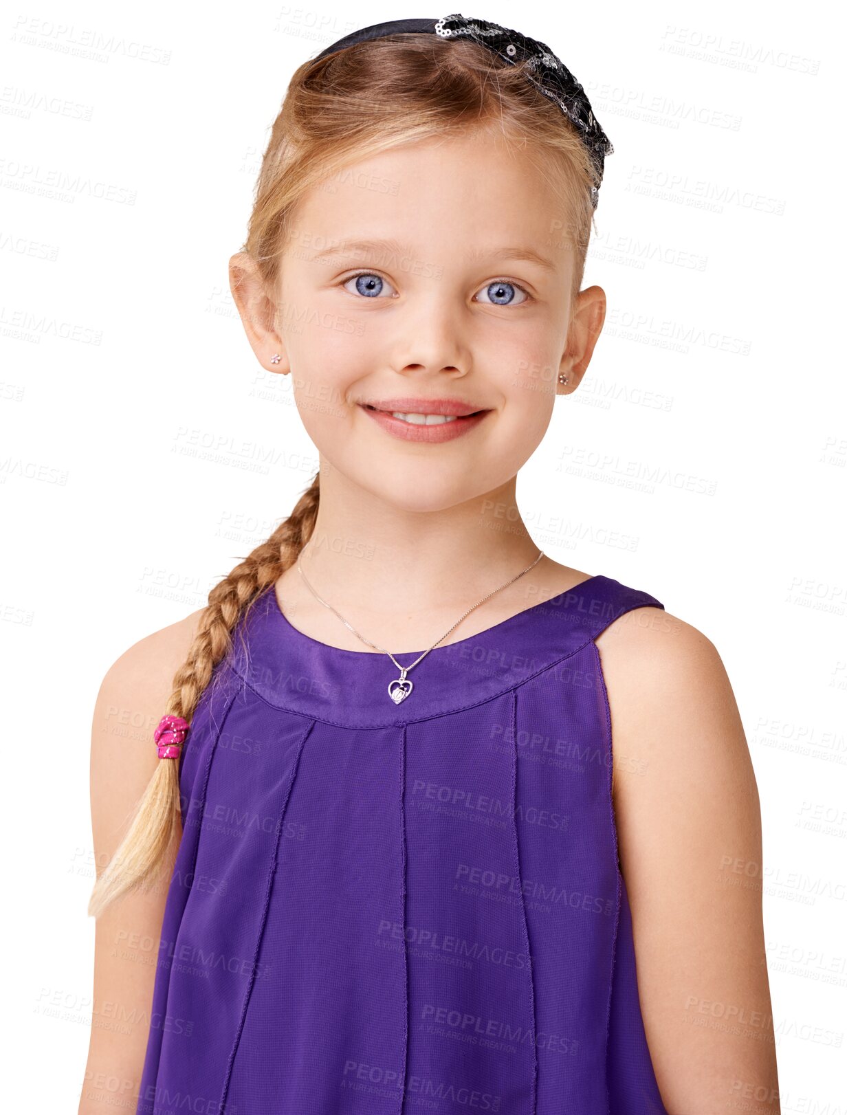 Buy stock photo Portrait, fashion and young girl closeup with smile, style and kid clothing with happiness. Female child, funky clothes and confident with youth and smiling isolated on a transparent, png background