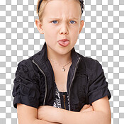 Portrait, children and tongue with a rude girl with a bad attitude ...