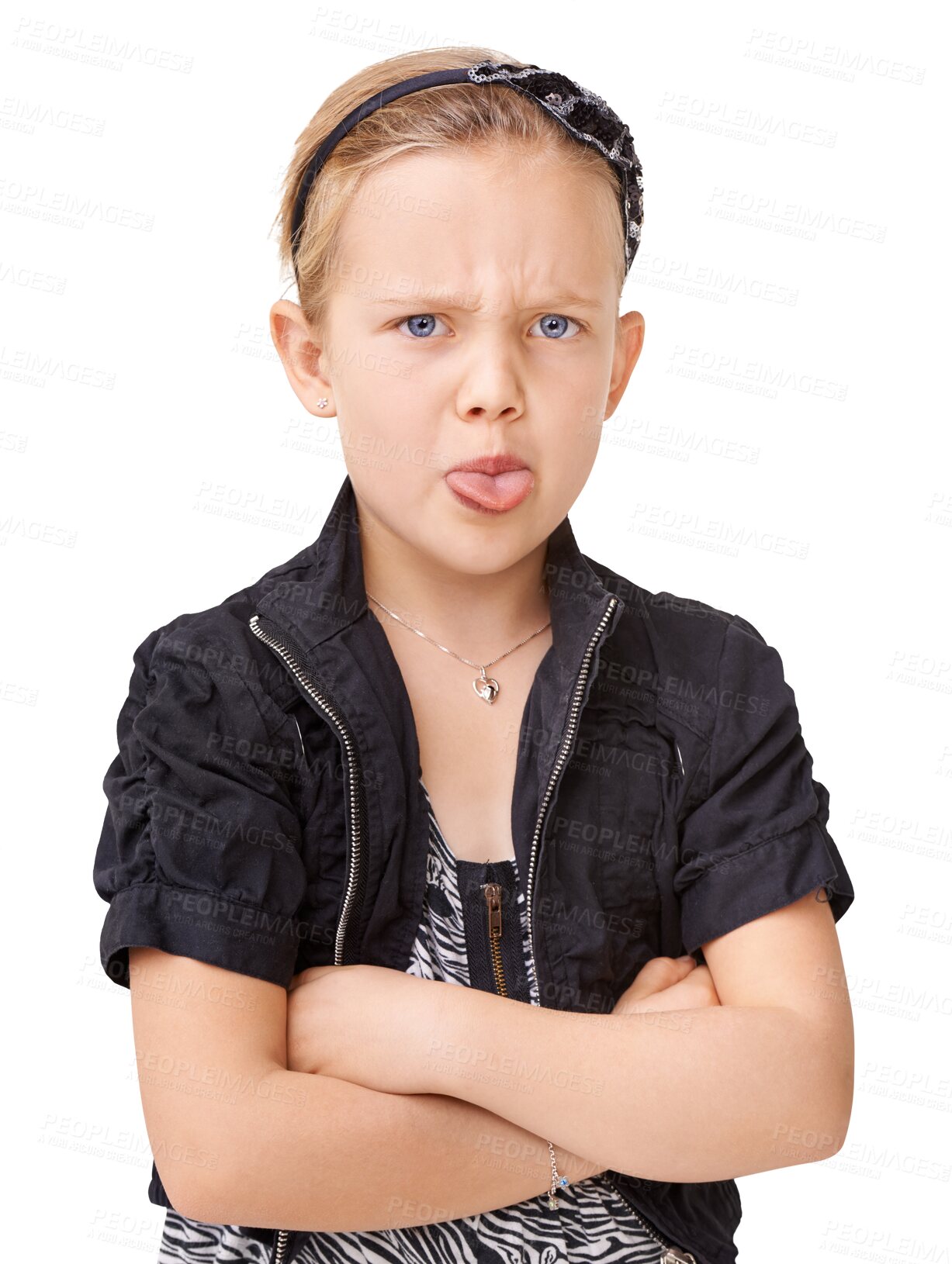 Buy stock photo Angry, portrait and child with tongue out and arms crossed in studio on isolated transparent png background. Face, unhappy and girl bully, upset and annoyed with bad attitude, anger and grumpy