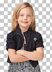 Arms crossed, smile and portrait of a girl for fashion. Stylish, fashionable and headshot of a child model with pride, confidence and happiness on a isolated on a png background