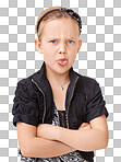 Portrait, children and tongue with a rude girl with a bad attitude. Kids, mean and expression with a female child standing arms crossed looking unhappy isolated on a png background