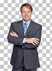 A Businessman, studio portrait and suit with arms crossed, smile or leadership success. Happy corporate leader, focus and isolated for executive goal, mission or professional vision isolated on a png background