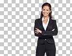 Woman, corporate and studio portrait with arms crossed, smile and happiness. Isolated executive, business leader and happy for mission, innovation and success with company vision isolated on a png background