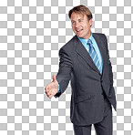 Businessman, handshake and suit with smile in studio for focus, deal and leadership by isolated on a png background. Happy corporate leader, recruitment or isolated for shaking hands, welcome and company vision