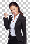 Business woman, success in portrait with achievement in career, winner and champion isolated on a png background. Yes, corporate employee goals and mindset with fist pump and happy woman celebrate