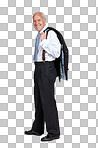 Portrait, business and mockup with a senior man for advertising. Marketing, mock up and space with a mature male employee holding his jacket on blank space isolated on a png background