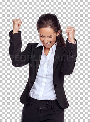 Buy stock photo Fist pump, winning and happy woman isolated on transparent, png background cheers, celebration and success. Yes, wow and bonus of corporate winner or business person celebrate news, freedom and goals