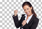 Business woman, success with fist and achievement in career, winner portrait and champion isolated on a png background. Yes, corporate employee goals and mindset with fist pump and happy woman