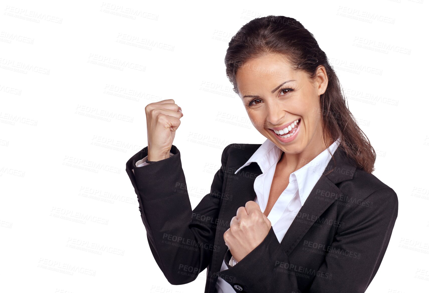 Buy stock photo Fist pump, winning portrait and woman isolated on transparent, png background cheers, celebration and success. Yes, power and bonus of corporate winner or business person celebrate news and job goals