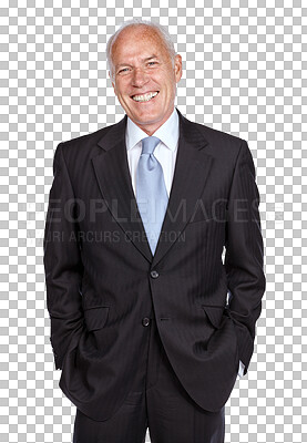 Buy stock photo Senior, happy and portrait of business man on isolated png and transparent background. Corporate boss, professional ceo and happy male entrepreneur with confidence, success mindset and management