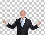 Senior businessman, raised hands and smile portrait for success, corporate goals and motivation. Elderly man, happy and excited with arms in air for ceo work celebration isolated on a png background