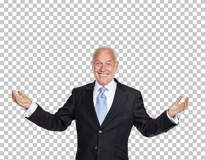 Buy stock photo Senior business man, arms raised and smile in portrait for success isolated on transparent, png background. Happy in career with goals, professional satisfaction and male corporate executive 